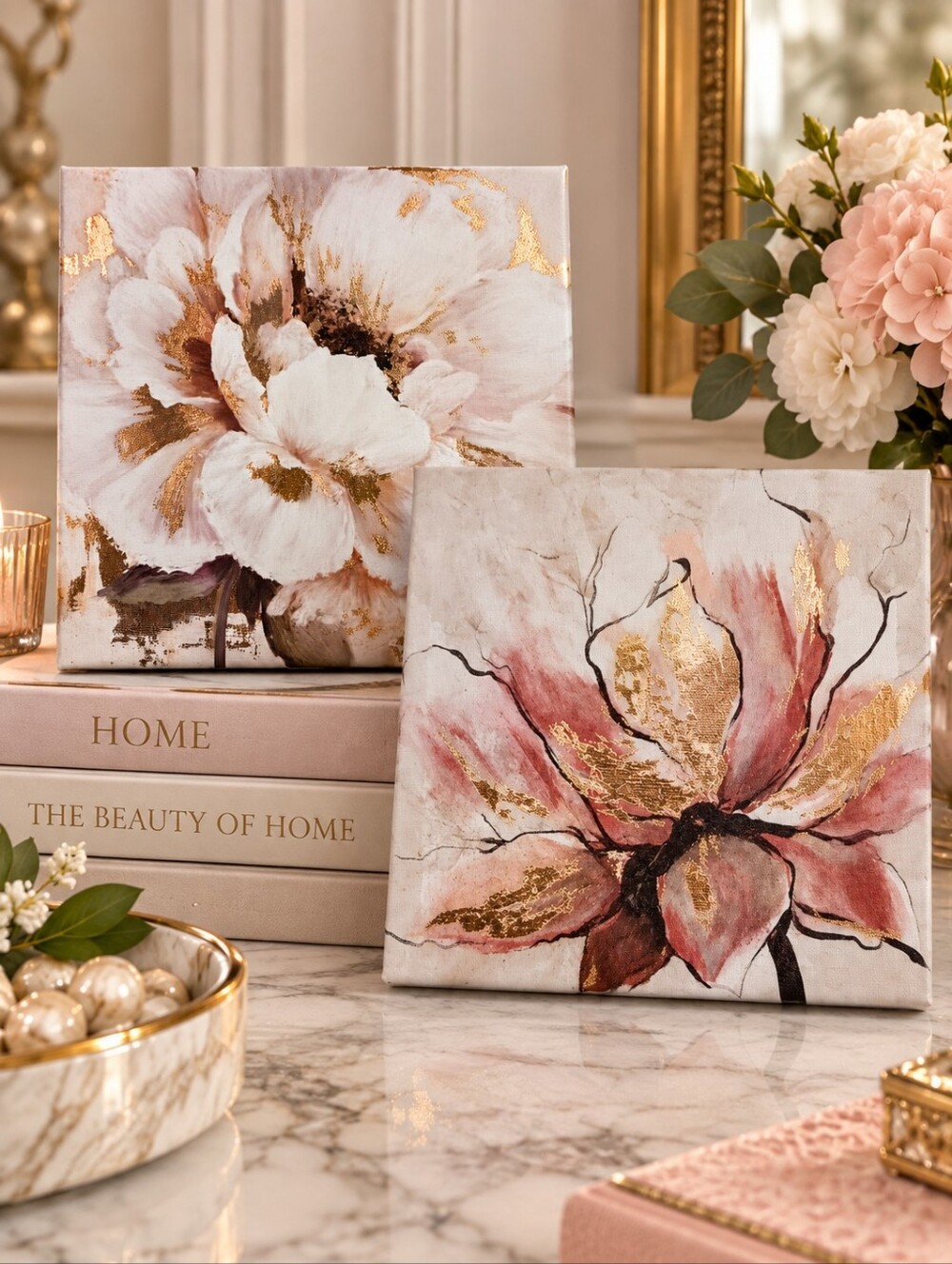 2pc Floral Accent Wall Canvas with Rose Gold Leafing | Home Wall Decor 8x8